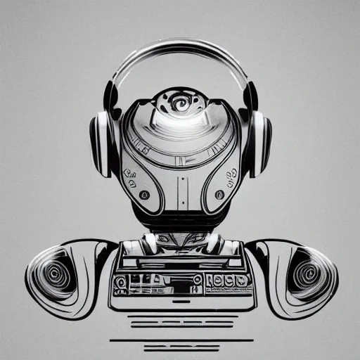 a a robotic dj  vibrant lighting, elegant, highly detailed, smooth, sharp focus, illustration, beautiful, geometric, trending on artstation, full body, cinematic, artwork by borovikovsky , Trippy, Pencil Sketch