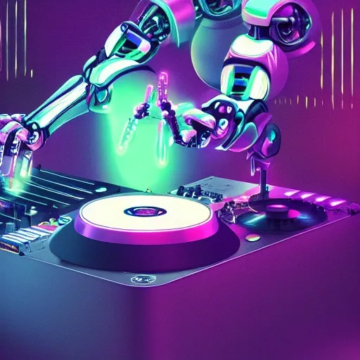 a a robotic dj  vibrant lighting, elegant, highly detailed, smooth, sharp focus, illustration, beautiful, geometric, trending on artstation, full body, cinematic, artwork by borovikovsky , Trippy,