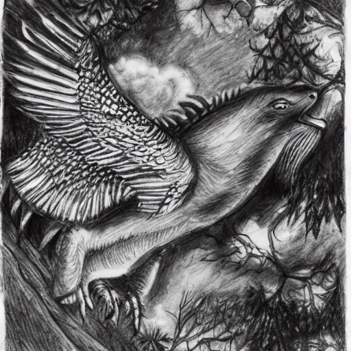 Flying tiger with wings, forest setting, big forests, Pencil Sketch