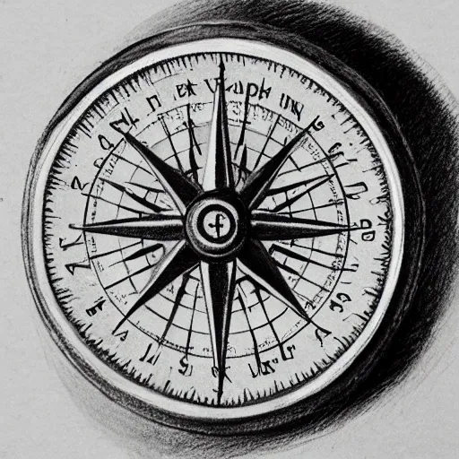 pencil sketch of an old compass without north