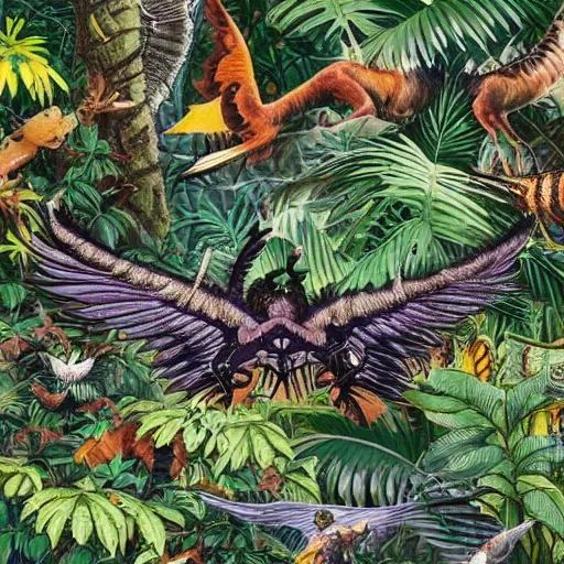 Flying tiger with wings, dense jungle, forest setting, big forests