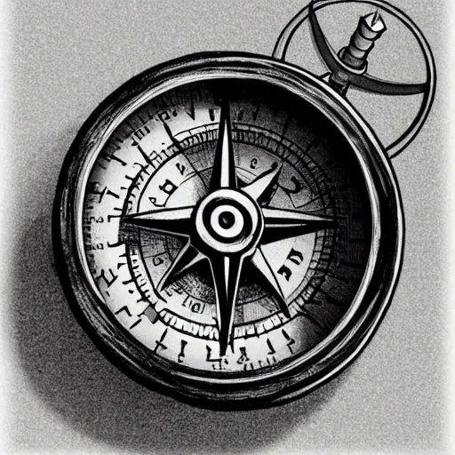 pencil sketch of an old and broken compass without north