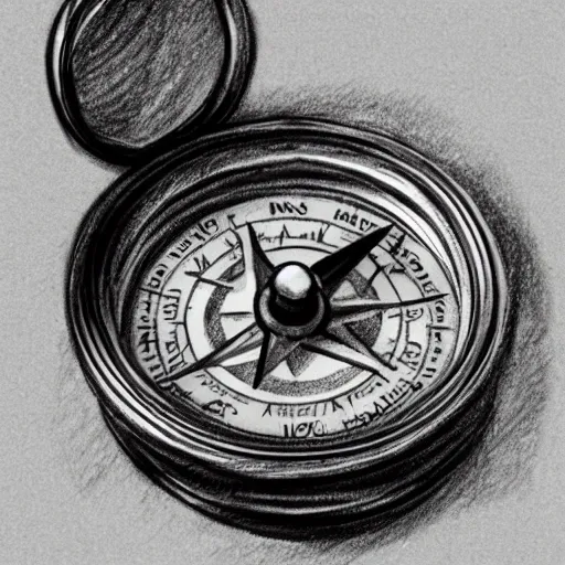 pencil sketch of an old, dusty and broken compass without north