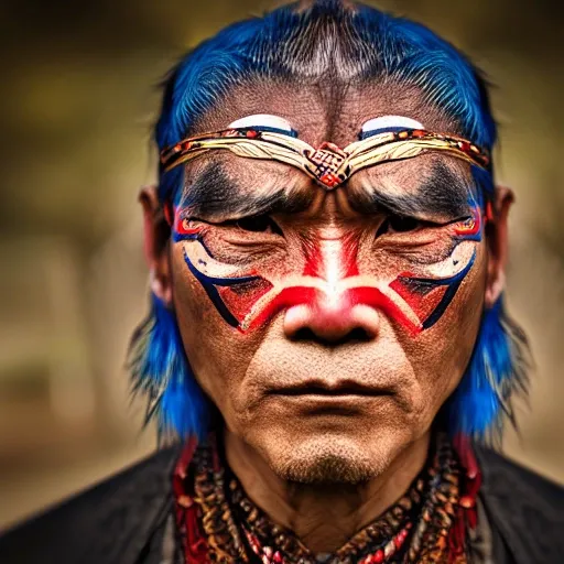 portrait photo  of a asia old warrior chief,  tribal panther make up, blue on red, side profile, looking away, serious eyes,  50mm portrait photography, hard rim lighting photography--beta --ar 2:3  --beta --upbeta