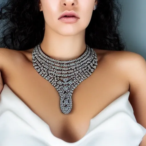 pov full shot of a hypnotic beautiful love goddess facing forward, wavy dark hair, large piercing eyes, large chest, symmetrical face, perfect skin, highly detailed, intimate posing, hyperrealistc photo, wearing a clinging dress and a glowing hypnotic magic large diamond on a necklace