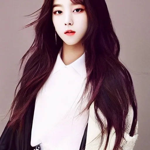 Create an image of Jisoo from Blackpink using the following detailed description of her appearance:

Jisoo from Blackpink is a South Korean singer and actress with stunning beauty and impeccable style. She has a clear and smooth complexion with delicate facial features, such as her big and bright eyes, small nose, and full lips. Her eyes are almond-shaped and have a dark brown hue that is accentuated with perfectly applied eyeliner. She has well-defined and arched eyebrows that frame her face charmingly. Jisoo's hair has been of various colors throughout her career, from blonde to black, and she often wears it in soft waves or curls. She is also known for her side-swept bangs that give a youthful and sophisticated touch to her look. As for her wardrobe, Jisoo is known for her stylish and avant-garde fashion ensembles, with a style that often combines high-end couture pieces with touches of casual clothing. She tends to wear bright colors and striking patterns in her outfits and is famous for her ability to rock any garment with confidence and grace.

Make sure to capture Jisoo's beauty and inimitable style in your image, paying special attention to her facial features and hairstyle. Use your creativity to depict her in a stylish and avant-garde outfit that showcases her confidence and innate style. 