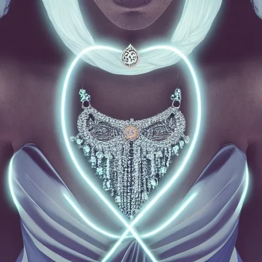 pov full shot of a hypnotic beautiful love goddess facing forward, wavy dark hair, showing large piercing eyes, large chest, symmetrical face, perfect skin, highly detailed, intimate posing, hyperrealistc photo, wearing a clinging silky dress and a glowing hypnotic magic large diamond on a necklace on a long chain
