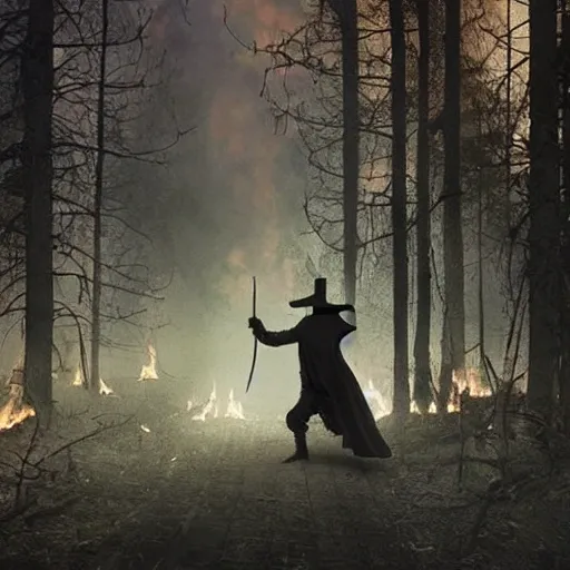 A plague doctor armed with a crossbow walking away in a burning forest ...