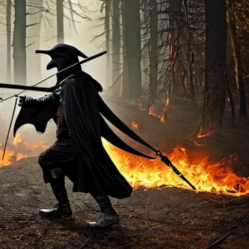 A plague doctor armed with a crossbow walking away in a burning ...