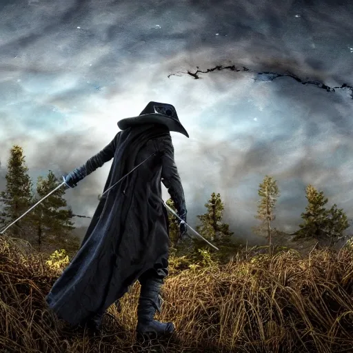 A plague doctor armed with a crossbow walking away in a burning forest, (8k, RAW photo, best quality, masterpiece:1.2), (realistic, photo-realistic:1.37), ultra-detailed,
1 man, badass, solo, detailed sky, detailed scenery