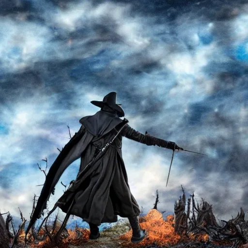 A plague doctor armed with a crossbow walking away in a burning forest, (8k, RAW photo, best quality, masterpiece:1.2), (realistic, photo-realistic:1.37), ultra-detailed,
1 man, badass, solo, detailed sky, detailed scenery, 
ultra realistic, insanely detailed