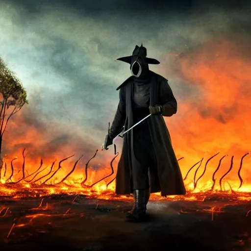 A plague doctor armed with a crossbow walking away in a burning forest, (8k, RAW photo, best quality, masterpiece:1.2), (realistic, photo-realistic:1.37), ultra-detailed,
1 man, badass, solo, detailed sky, detailed scenery, detailed fire, ultra realistic, insanely detailed