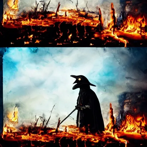 plague doctor, armed with a crossbow, walking away, burning forest background, (8k, RAW photo, best quality, masterpiece:1.2), (realistic, photo-realistic:1.37), ultra-detailed,
1 man, badass, solo, detailed sky, detailed scenery, detailed fire, ultra realistic, insanely detailed