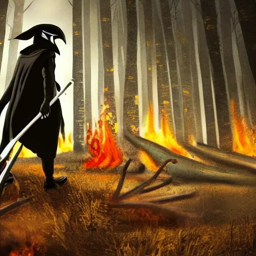 plague doctor, (walking away), burning forest background, ultra-detailed,
1 man, badass, solo, detailed sky, detailed scenery, detailed fire, ultra realistic, insanely detailed