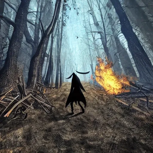 plague doctor, (walking away), burning forest background, ultra-detailed, 1 man, badass, solo, detailed sky, detailed scenery, detailed fire, ultra realistic