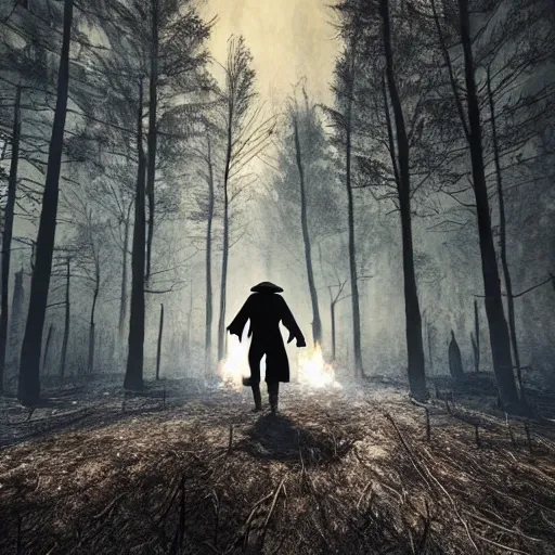 plague doctor, (walking away), burning forest background, ultra-detailed, 1 man, badass, solo, detailed sky, detailed scenery, detailed fire, ultra realistic