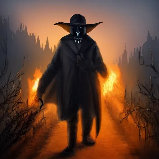 plague doctor, portrait, (walking away), burning forest background, ultra-detailed, 1 man, badass, solo, detailed sky, detailed scenery, detailed fire, ultra realistic, dramatic