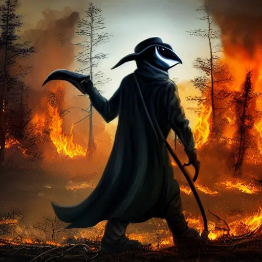 plague doctor, portrait, (walking away), burning forest background, ultra-detailed, 1 man, badass, solo, detailed sky, detailed scenery, detailed fire, ultra realistic, dramatic