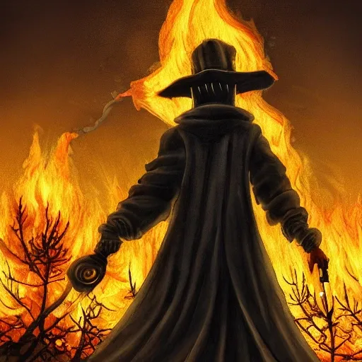 plague doctor, portrait, (walking away), burning forest background, ultra-detailed, 1 man, badass, solo, detailed sky, detailed fire, dramatic, saturation, kazuki takahashi style