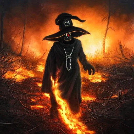 plague doctor render, portrait, (walking away), burning forest background, ultra-detailed, 1 man, badass, solo, detailed sky, detailed fire, dramatic, saturation, kazuki takahashi style, oil panting