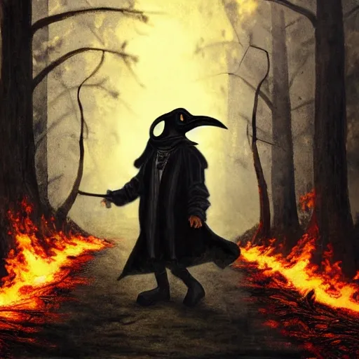 plague doctor render, portrait, (walking away), burning forest background, ultra-detailed, 1 man, badass, solo, detailed sky, detailed fire, dramatic, saturation, oil panting