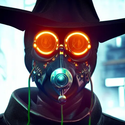 side close up portrait of 1 cyberpunk man, detailed plague doctor mask, spotlight, cyberpunk city, wired, multicolored, vibrant high contrast, hyperrealistic, photografic, 8k, epic ambient light, octane render