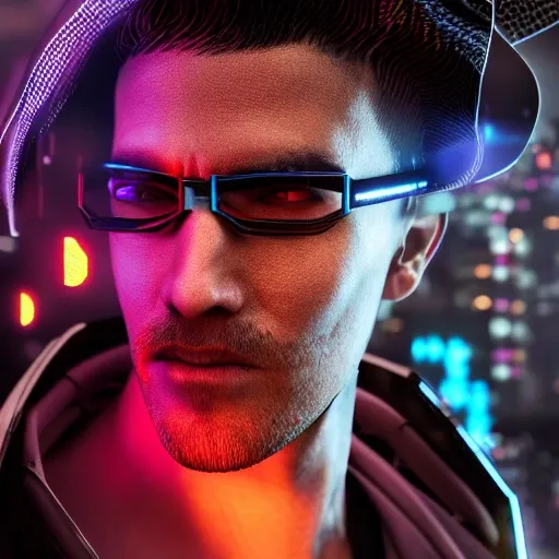 side close up portrait of 1 cyberpunk Alhaitham, detailed face, spotlight, cyberpunk city, wired, multicolored, vibrant high contrast, hyperrealistic, photografic, 8k, epic ambient light, octane render