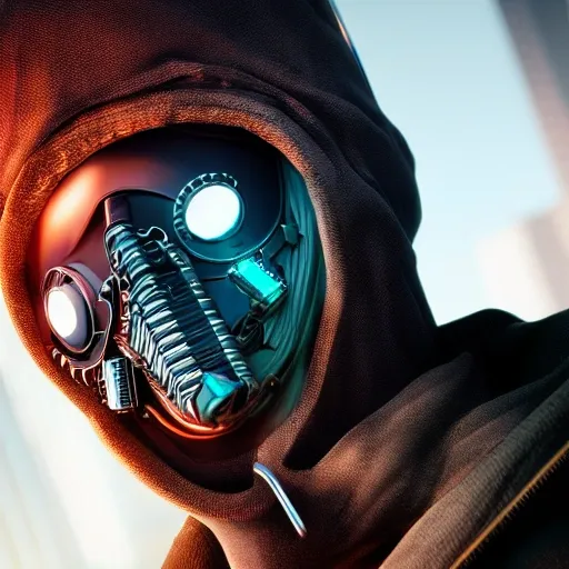 side close up portrait of 1 cyberpunk man, detailed plague doctor mask, spotlight, cyberpunk city, wired, multicolored, vibrant high contrast, hyperrealistic, photografic, 8k, epic ambient light, octane render