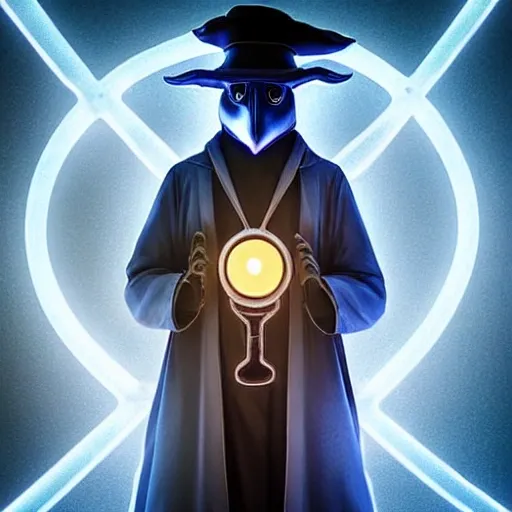 Stunning 3D render of a plague doctor with glowing eyes, close-up, intricate details, set against a skyline at night, blue neon effect, futuristic, sharp focus, cinematic, high contrast, rim light, celestial atmosphere, fiery effect, vivid --ar 16:9 --q . 5 --stylize 250