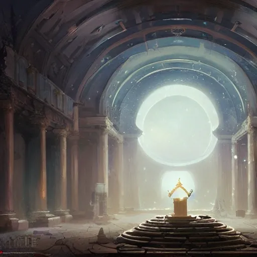 a large one-piece altar of black marble within a great dilapidated and ancient hall, with cascades of moonlight falling through holes in the partially collapsed ceiling, Magnificent super wide angle,high quality, 8k,high resolution, city landscape, side scrolling, Rule of Thirds, 4K, Retrofuturism,by makoto shinkai,Anton Fadeev, thomas kinkade,greg rutkowski