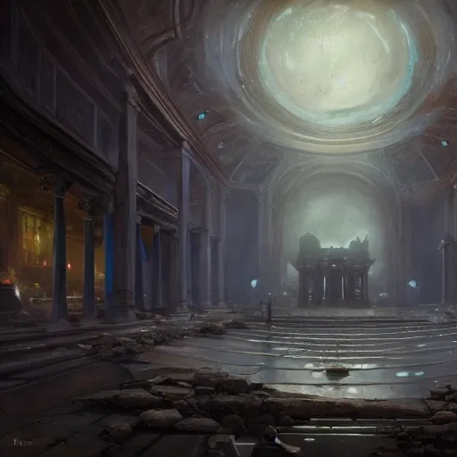 a large one-piece altar of black marble within a great dilapidated and ancient hall, with cascades of moonlight falling through holes in the partially collapsed ceiling, Magnificent super wide angle,high quality, 8k,high resolution, city landscape, side scrolling, Rule of Thirds, 4K, Retrofuturism,by makoto shinkai,Anton Fadeev, thomas kinkade,greg rutkowski