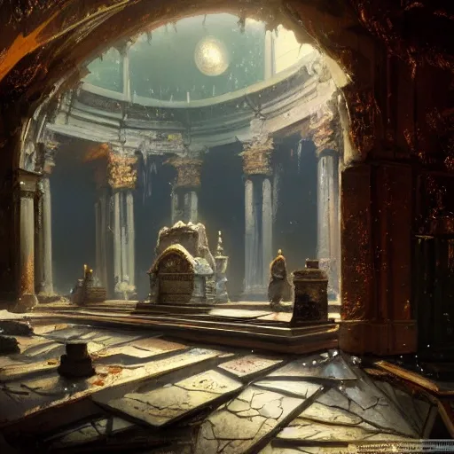 a large one-piece altar of black marble within a great dilapidated and ancient hall, with cascades of moonlight falling through holes in the partially collapsed ceiling, Magnificent super wide angle,high quality, 8k,high resolution, city landscape, side scrolling, Rule of Thirds, 4K, Retrofuturism,by makoto shinkai,Anton Fadeev, thomas kinkade,greg rutkowski