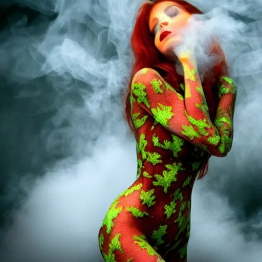 poison ivy love smoke voluptuous hypnotic photo hyperrealistic beautiful upper  body breathing smoke
