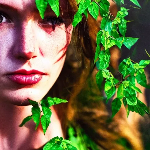 poison ivy love smoke voluptuous hypnotic direct gaze photo hyperrealistic beautiful upper  body breathing smoke
