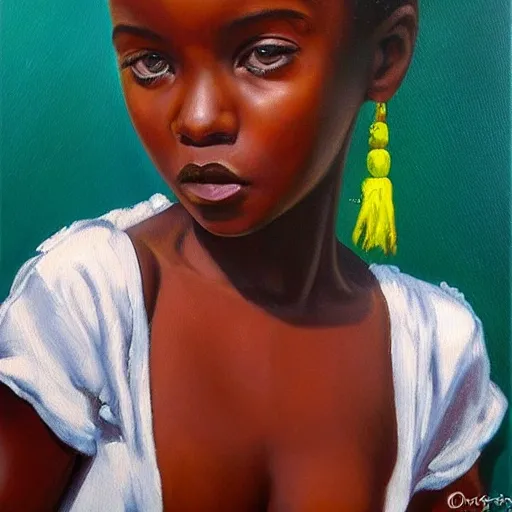 , Oil Painting,africanian girl ,massive breats , sexy eyes green
