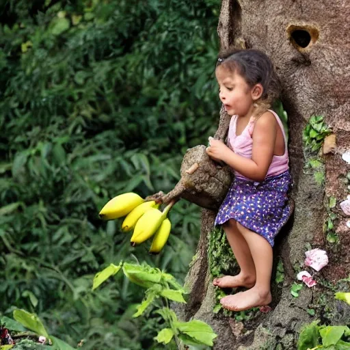 niña comiendo bananas cerca de un arbol de lapacho con flores amarillas en medio de una chimenea de ladrillos
