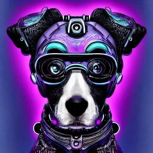 a beautiful portrait of a cute cyberpunk dog by tim burton, purple blue color scheme, high key lighting, digital art, highly detailed, fine detail, intricate, ornate, complex 