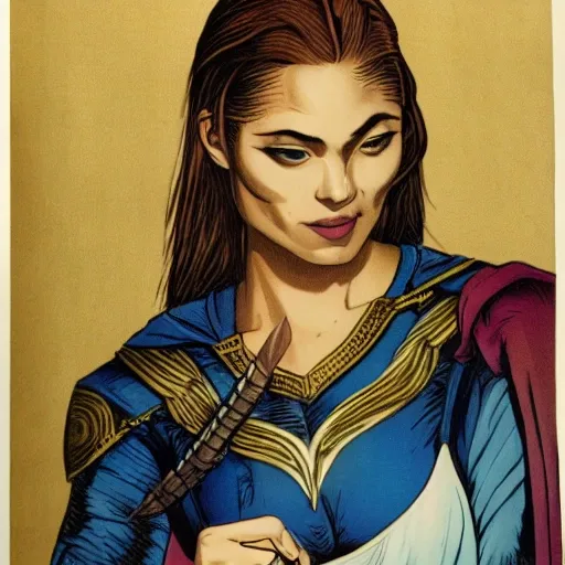 a majestic portrait of a asgardian girl holding big breast intricted dark focus blue ink 