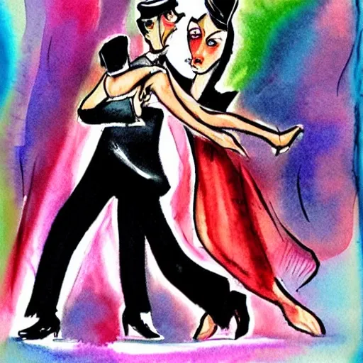 dance tango street,  Cartoon, Water Color