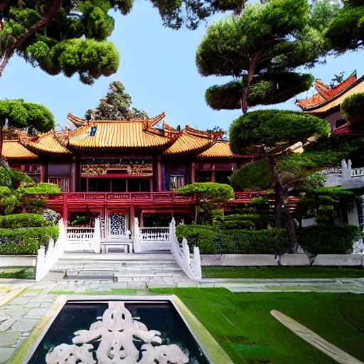 A luxurious Chinese-style mansion with a traditional and elegant architectural style, decorated with dark-colored wood on the exterior and roofed with tiles. The landscape of the garden is exquisitely designed, with bonsai and flowers planted in the courtyard. The corridor is decorated with antique calligraphy and painting. The spacious and bright living room is furnished with mahogany furniture, including a carved round table and a set of mahogany sofas. The whole mansion exudes an elegant atmosphere. High definition, high-quality, premium, exquisite, Chinese architecture, traditional, elegant, luxurious, mansion, house, redwood furniture, antique calligraphy and painting, bonsai, landscape design, carved, round table, mahogany sofa, spacious, bright., 3D, 3D, 3D