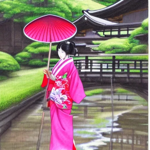 A cute girl wearing a pink kimono stands in a traditional Japanese-style courtyard, with a small bridge and flowing water behind her. She holds a black parasol in her hand and smiles brightly. This stunning photo captures the beauty and elegance of traditional Japanese culture. The high-definition, high-quality image showcases the intricate details of the kimono and the vibrant colors of the scenery. A must-have addition to any collection of Japanese-themed artwork or photography., Pencil Sketch