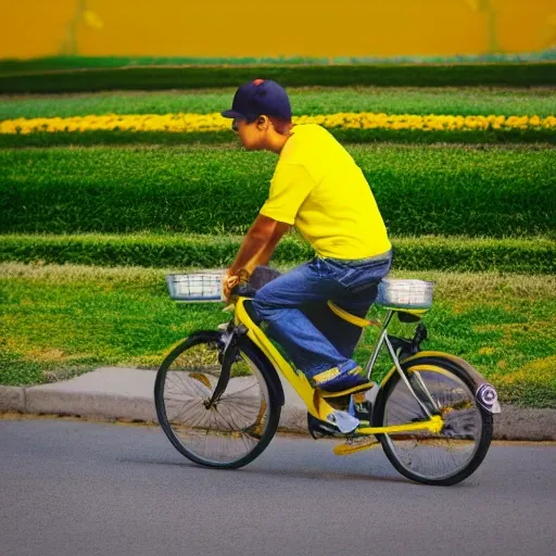 Delivery boy in yellow, riding a yellow motor, Wearing a hat, There are flowers on the green grass, (The sea is behind), Nike sports shoes, Warm and cozy, chibi, Cute, , 3D