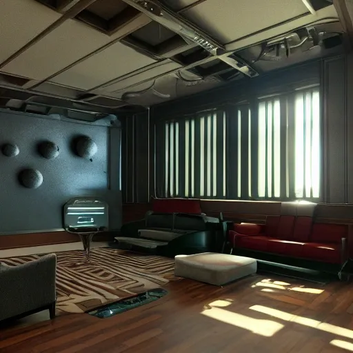 Sci fi living room engine room, electric wallpaper, unreal engine 5 tech demo, zillow interior, cool tint, metallic reflective, octane render, Frank Lloyd Wright ((Studio Ghibli)), 3D