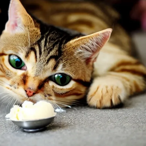 kawaii, cute, tabby cat, eating icecream, rolling on the floor.