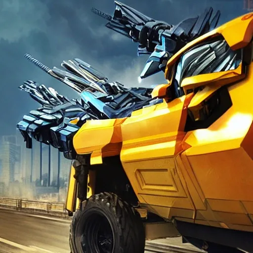 Transformers, Bumblebee, Film Style, 3D Effect, Lighting and Rendering, Ray Tracing, Texture Material, Sci-Fi Elements, Mechanization, Vehicle Transformation, Spark Explosion, Large Scale Battle, Damage Effects, Rusty Scarring, Hyperrealism, Wide-Angle Lens, Cinematic Feel, Realism