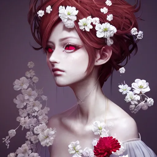 the portrait of the absurdly beautiful, graceful, elegant, gorgeous, fashionable photorealistic anime european woman made of cherries and white petals with tears, an ultrafine hyperrealistic illustration by kim jung gi, irakli nadar, intricate linework, bright colors, octopath traveler, final fantasy, unreal engine highly rendered, global illumination, radiant light, intricate environment