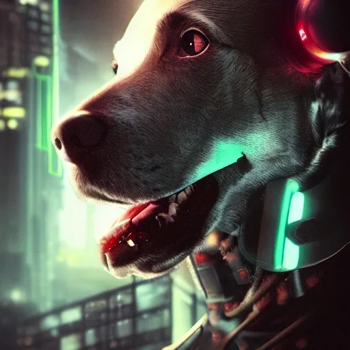 cyberpunk, cinematic, cinematic lighting, cyborg dog, dark, digital art, portrait, concept art, hyperrealistic