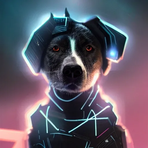 cyberpunk, cinematic, cinematic lighting, cyborg dog, dark, digital art, portrait, concept art, hyperrealistic, android dog