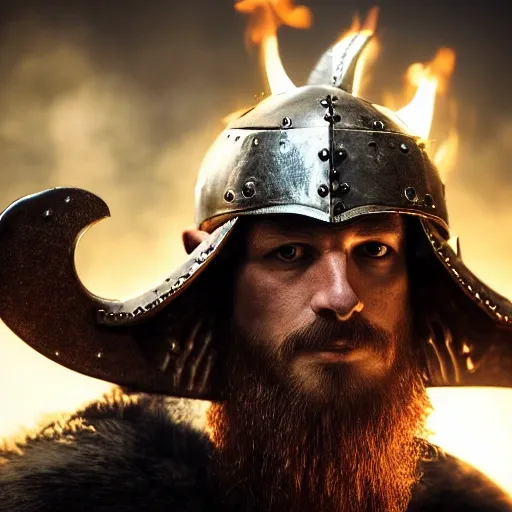 Hyper-realistic, front-view close-up portrait of a furious Viking bursting into flames, smoke, embers, (symmetrical composition)+, (eye contact)+, epic, celestial, moody, cinematic lighting, lens flare, highly detailed, sharp focus, octane render, HDRI, intense, dramatic, warm colors, fiery effect, professional, 35mm, 8k, IMAX, (mouth closed)+, viking helmet on his head, dark studio, low key, high contrast, dark background, flawless detail, award-winning, expertly crafted, detailed pupils, unreal engine