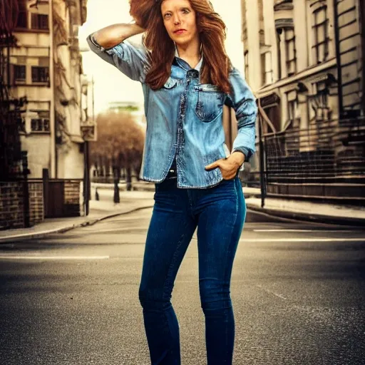 a European-American woman , realism style , 8k,photo, full body shot, fashionista ， looking down , jean , denim top, without sun glasses , grey and green eyes , great figure ,hands in the pocket ,, 3D